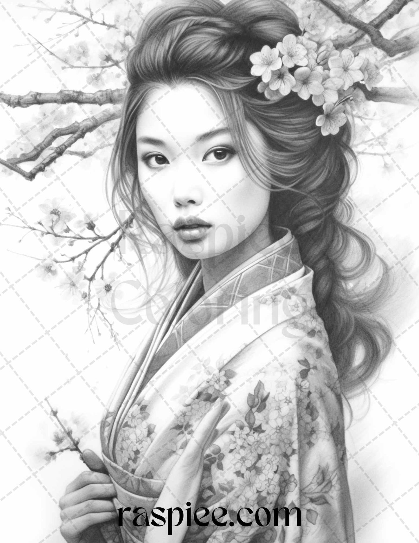 40 Beautiful Japanese Girls Grayscale Coloring Pages Printable for Adults, PDF File Instant Download