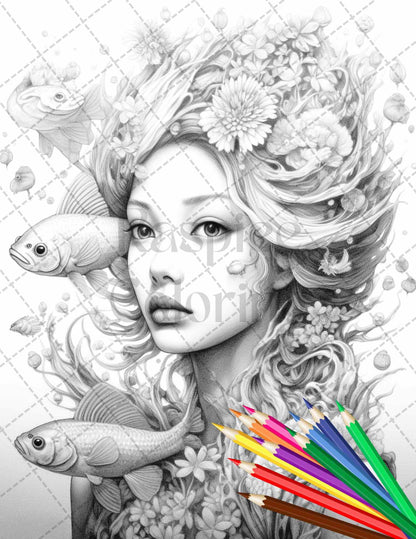 40 Enchanted Mermaid Grayscale Coloring Pages Printable for Adults, PDF File Instant Download