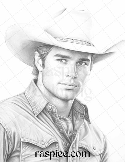 45 Wild West Cowboys Grayscale Coloring Pages Printable for Adults, PDF File Instant Download