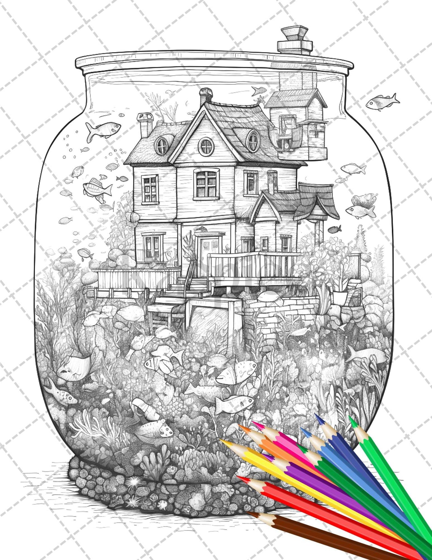 34 Fishtank Houses Coloring Book for Adults, Grayscale Coloring Page, Printable PDF Instant Download