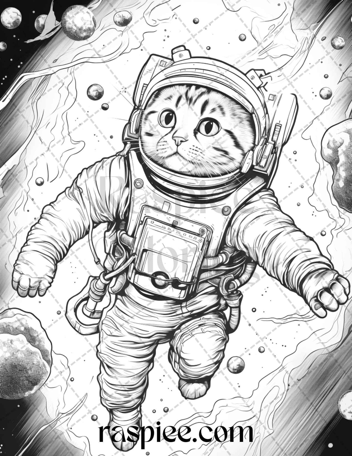 40 Cat Astronaut Grayscale Coloring Pages Printable for Adults Kids, PDF File Instant Download