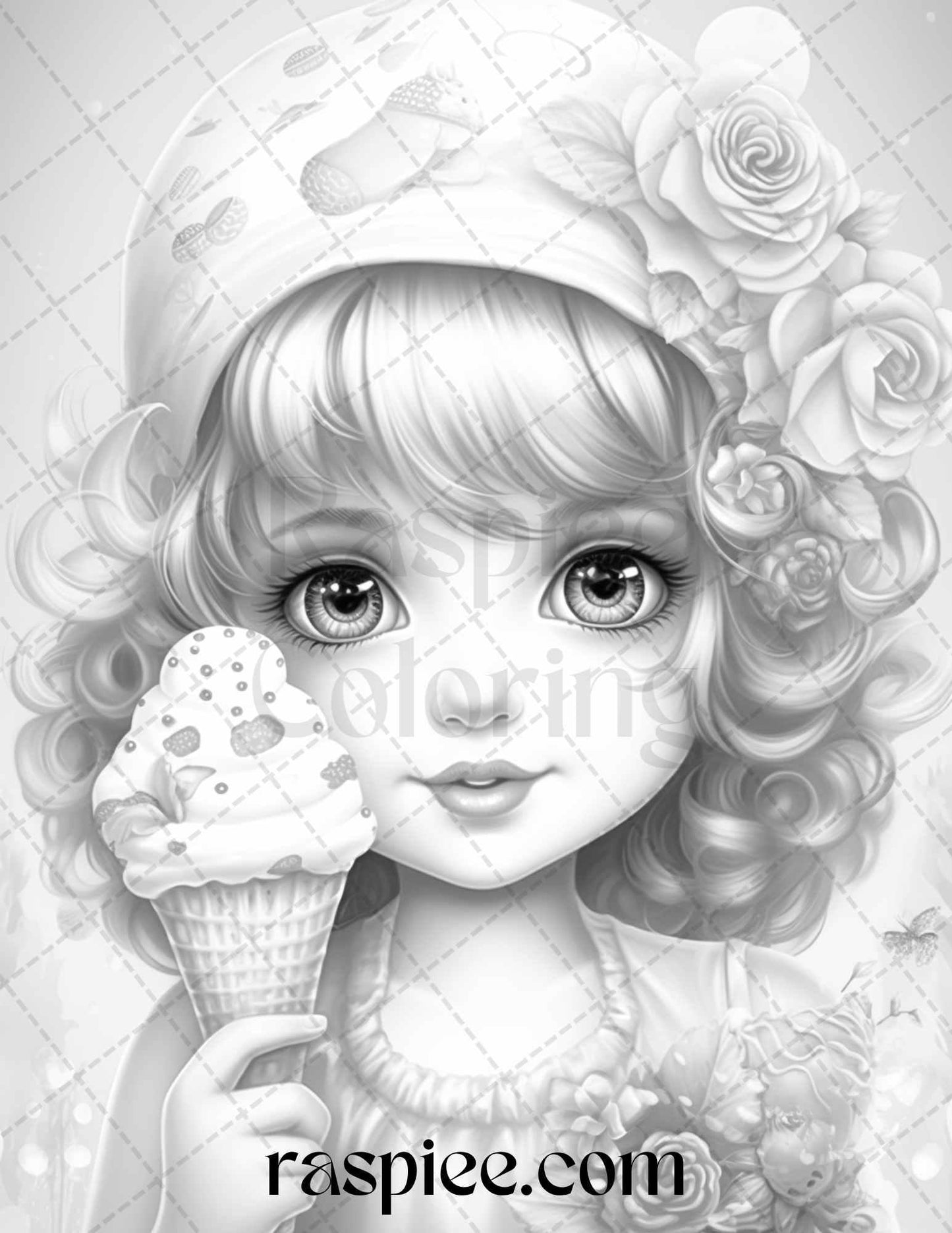 42 Adorable Girls with Ice Cream Grayscale Coloring Pages Printable for Adults Kids, PDF File Instant Download