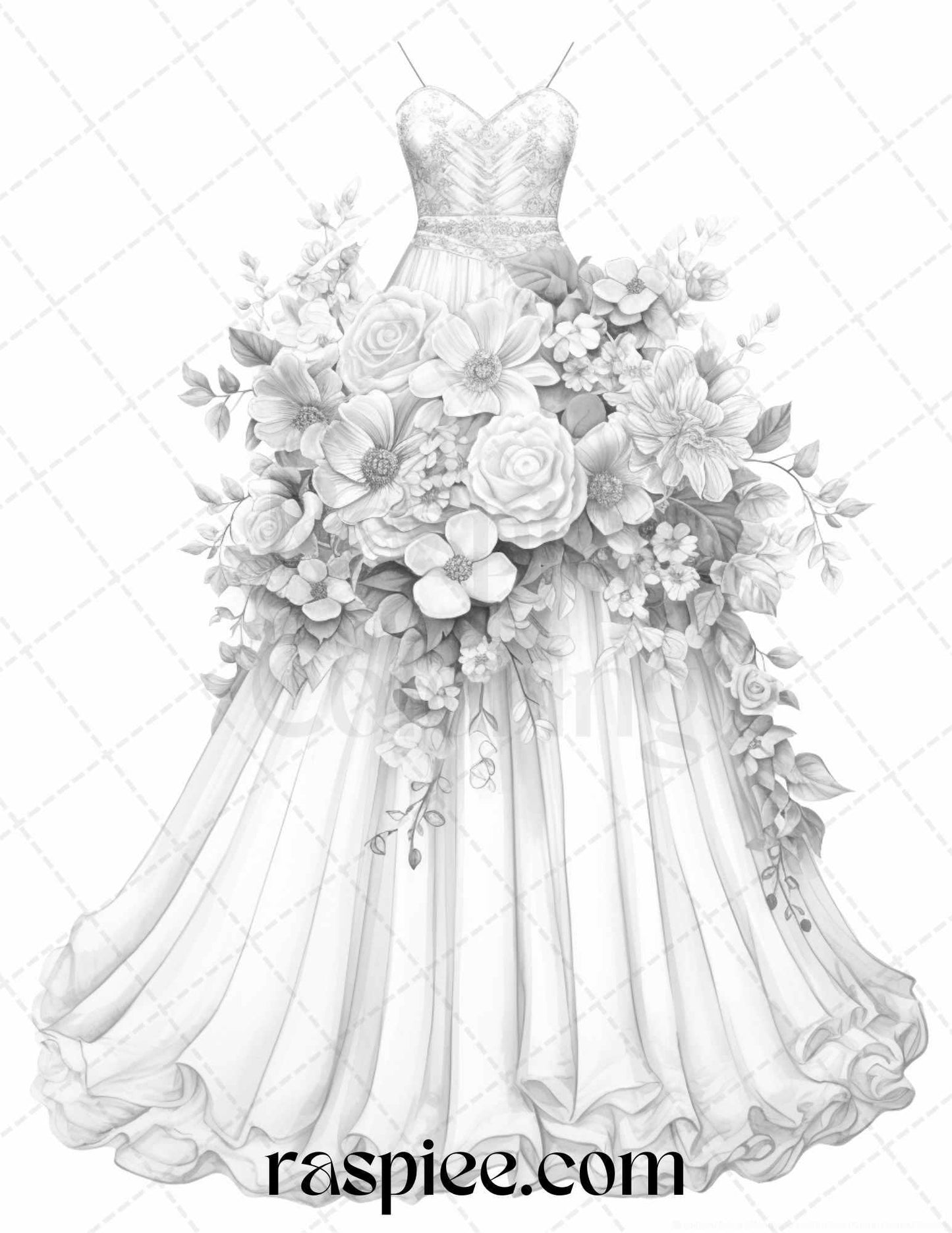 40 Elegant Floral Wedding Dresses Grayscale Coloring Pages Printable for Adults, PDF File Instant Download