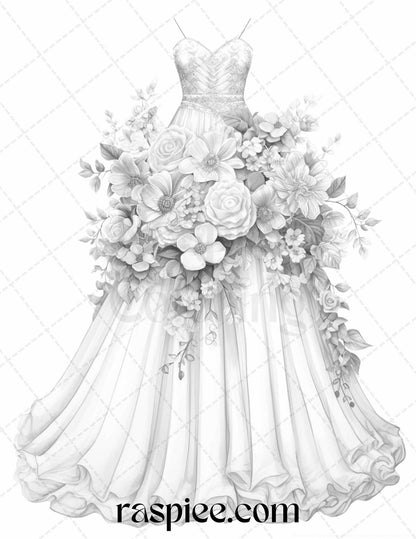 40 Elegant Floral Wedding Dresses Grayscale Coloring Pages Printable for Adults, PDF File Instant Download