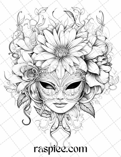 40 Masquerade Masks Grayscale Coloring Pages Printable for Adults, PDF File Instant Download