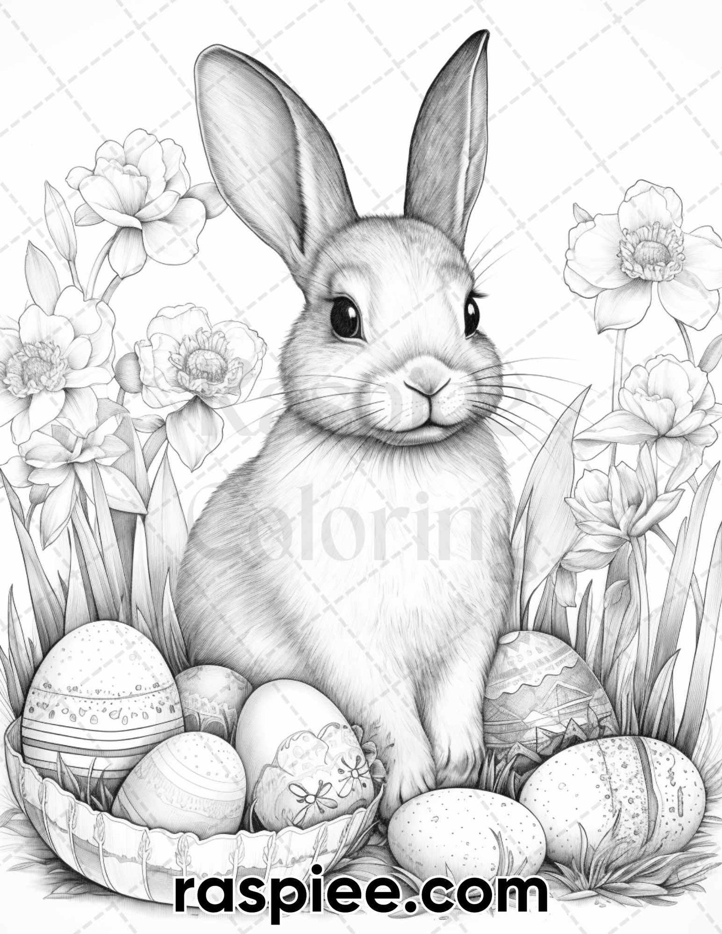 40 Easter Bunny Grayscale Adult Coloring Pages, Printable PDF Instant Download