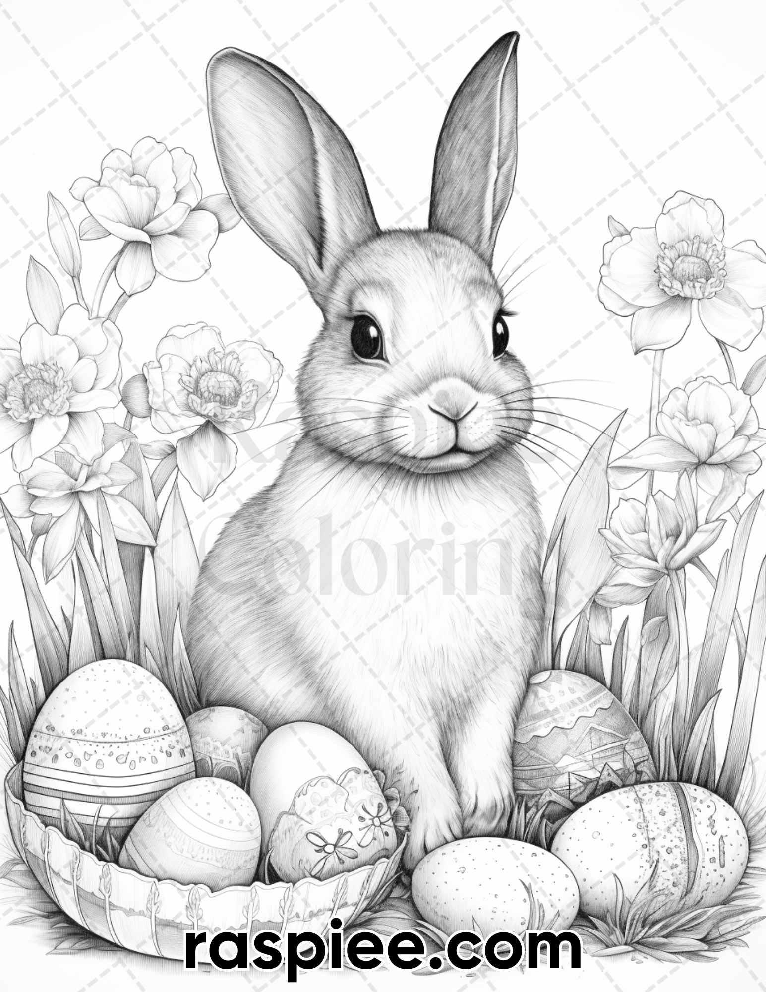 40 Easter Bunny Grayscale Adult Coloring Pages, Printable PDF Instant Download