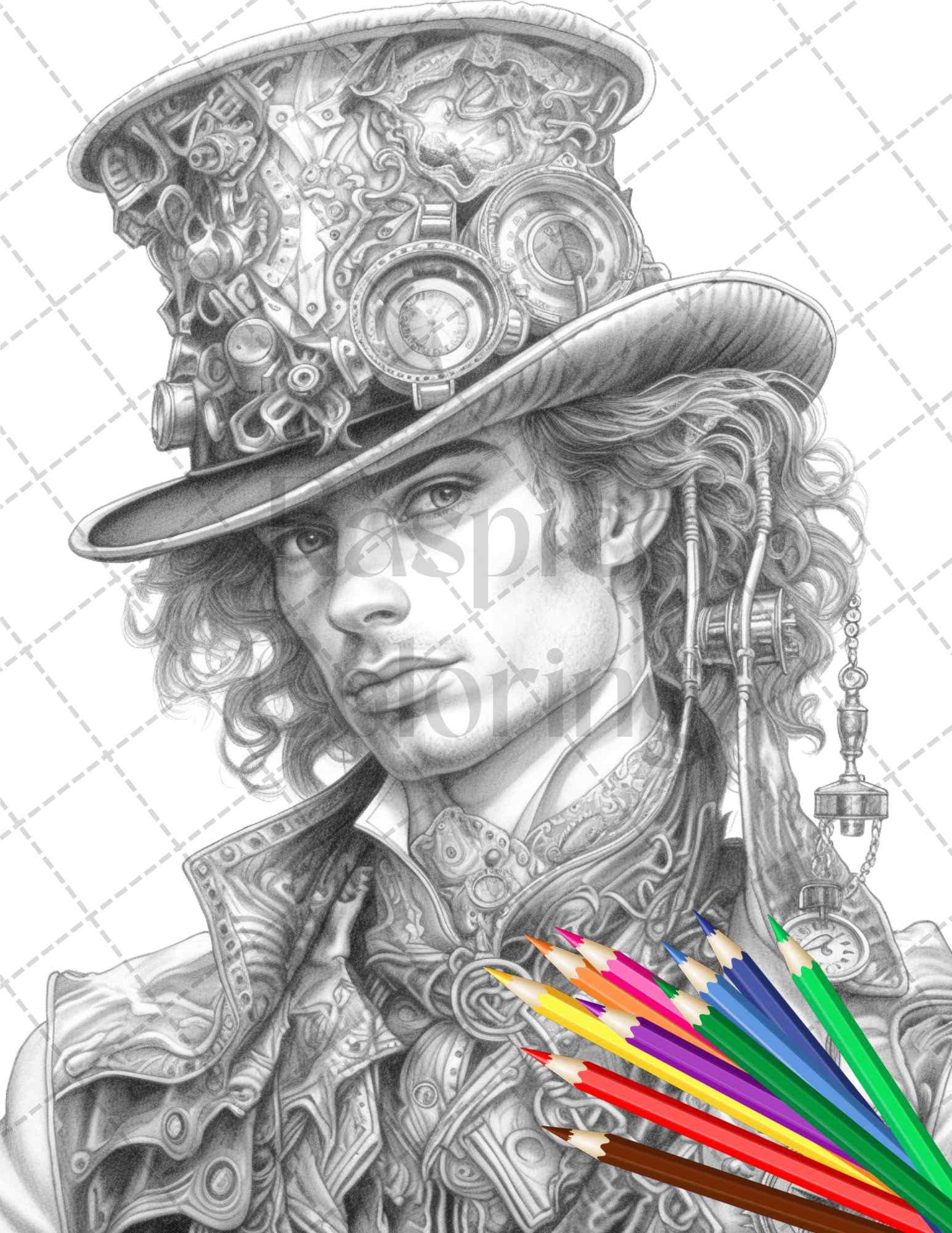 42 Steampunk Mens Grayscale Coloring Pages Printable for Adults, PDF File Instant Download