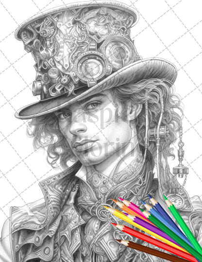 42 Steampunk Mens Grayscale Coloring Pages Printable for Adults, PDF File Instant Download