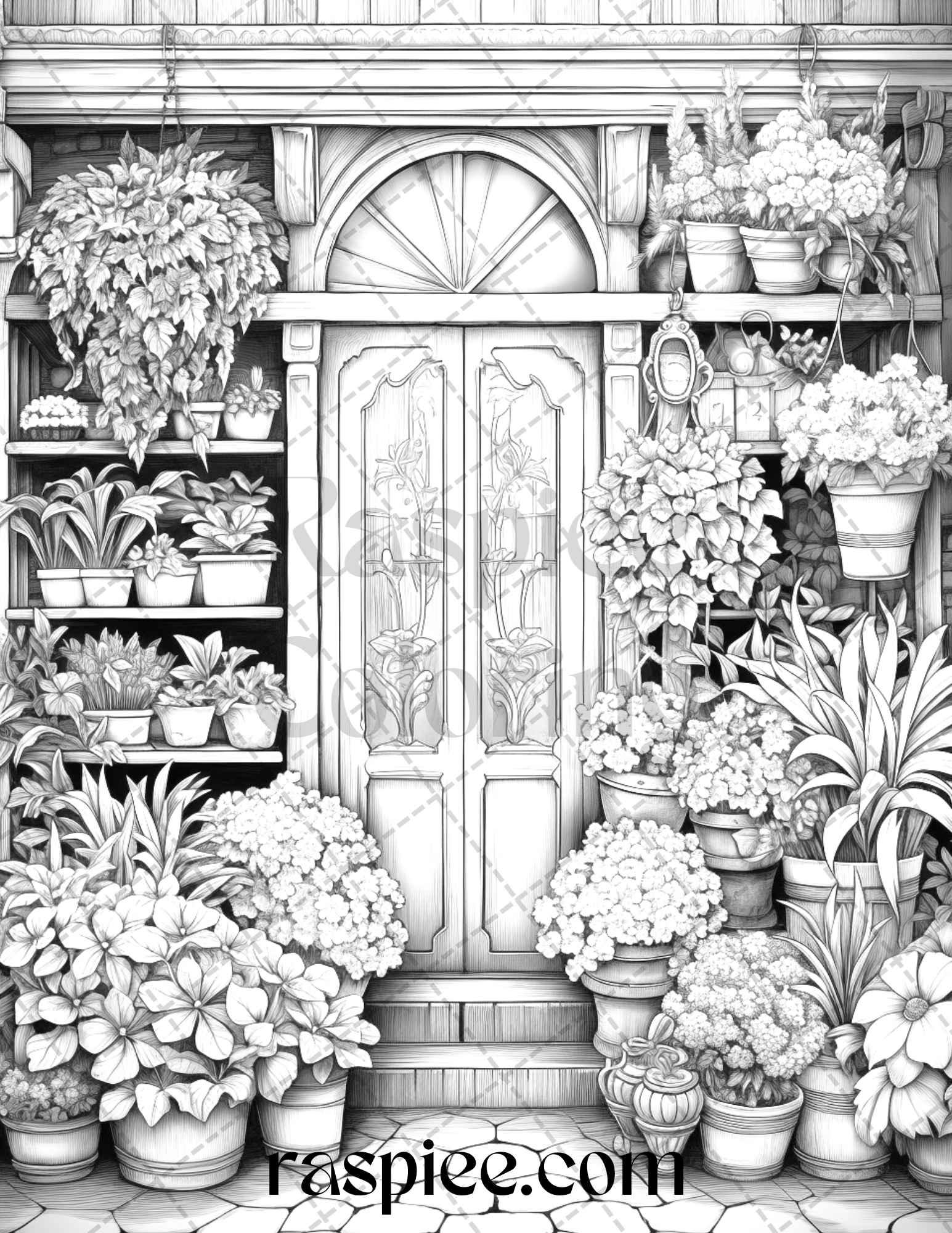 45 Flower Store Front Grayscale Coloring Pages Printable for Adults, PDF File Instant Download