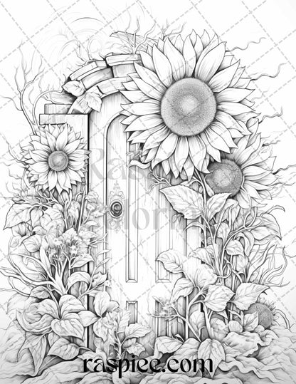 40 Flower Fairy Doors Grayscale Coloring Pages Printable for Adults, PDF File Instant Download