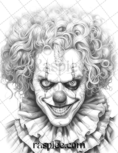 40 Spooky Clowns Grayscale Coloring Pages Printable for Adults, PDF File Instant Download