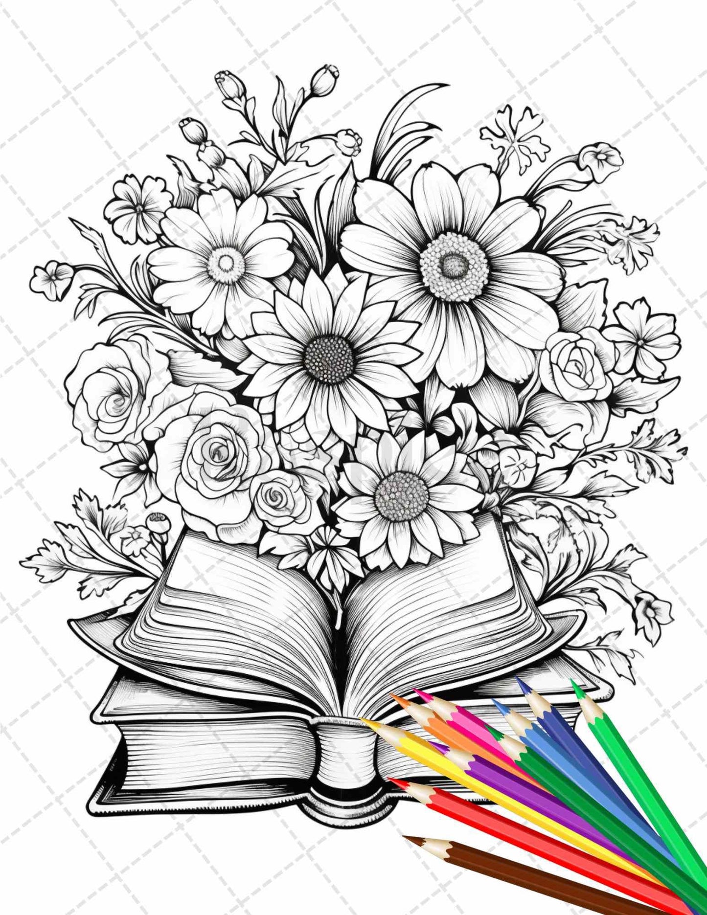 31 Book Flowers Coloring Pages Printable for Adults, Grayscale Coloring Page, PDF File Instant Download