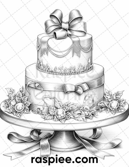 45 Christmas Cakes Grayscale Coloring Pages for Adults, Printable PDF File Instant Download