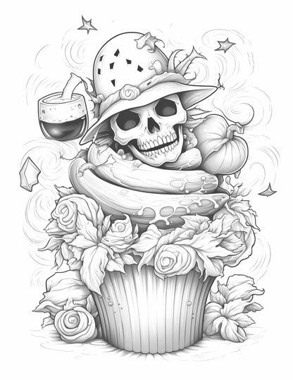 Free Halloween Spooky Cupcakes Grayscale Coloring Pages Printable for Adults Kids, PDF File Instant Download