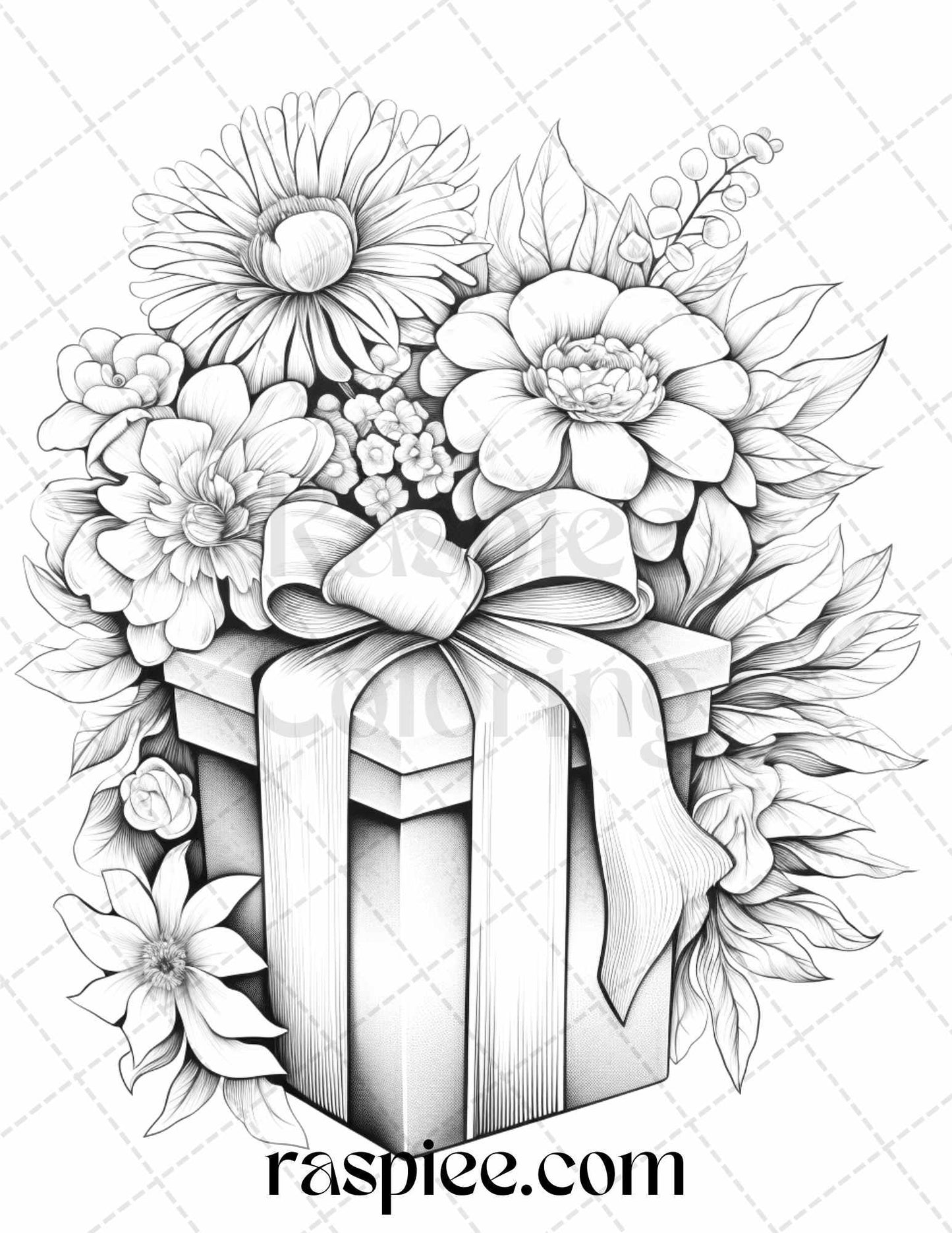 40 Flower Gift Box Grayscale Coloring Pages Printable for Adults Kids, PDF File Instant Download