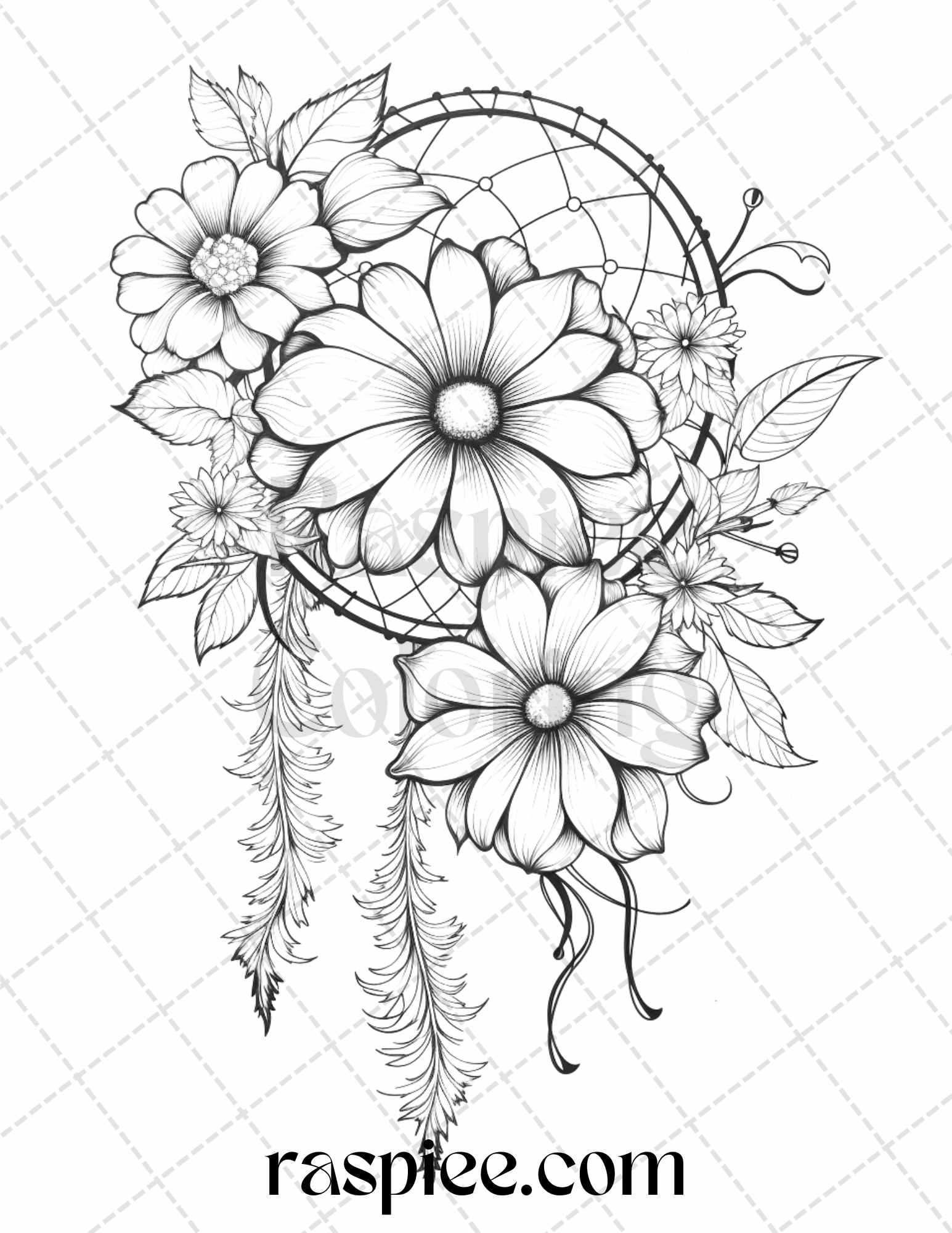 30 Flower Dreamcatcher Grayscale Coloring Pages Printable for Adults, PDF File Instant Download