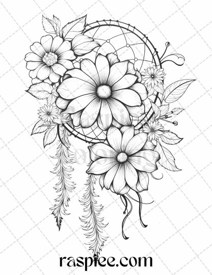 30 Flower Dreamcatcher Grayscale Coloring Pages Printable for Adults, PDF File Instant Download