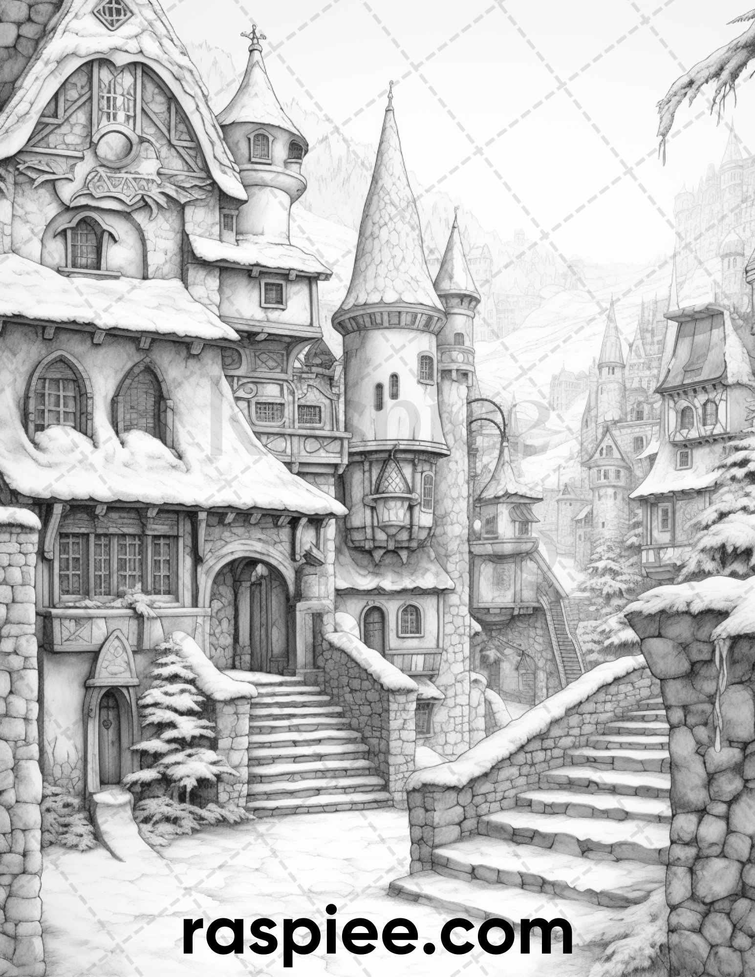 40 Fantasy Winter Village Grayscale Coloring Pages for Adults, PDF File Instant Download