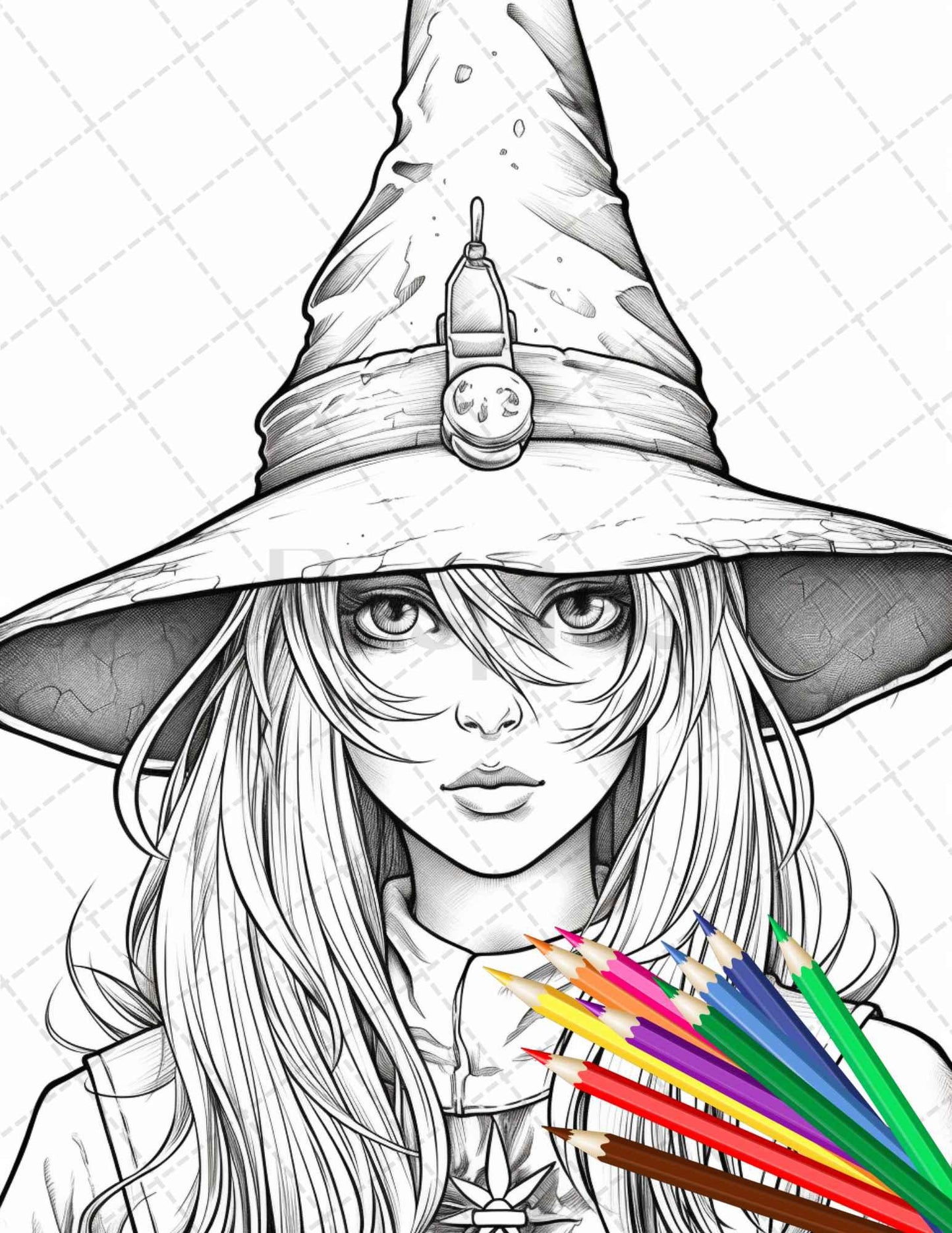 40 Cute Witches Coloring Pages Printable for Adults, Grayscale Coloring Page, PDF File Instant Download