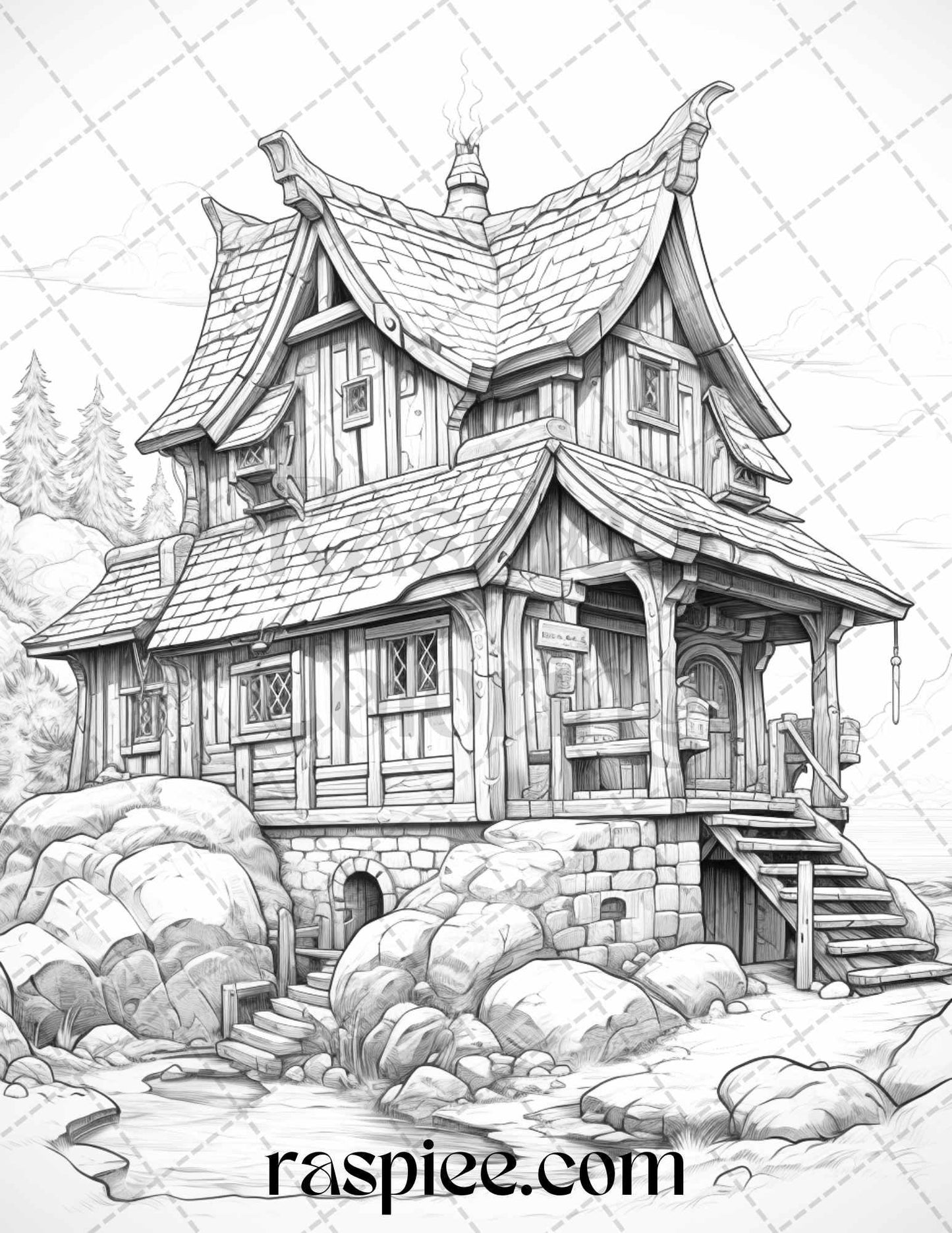 40 Viking Houses Grayscale Coloring Pages Printable for Adults, PDF File Instant Download