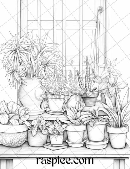 40 Window Plants Grayscale Coloring Pages Printable for Adults, PDF File Instant Download