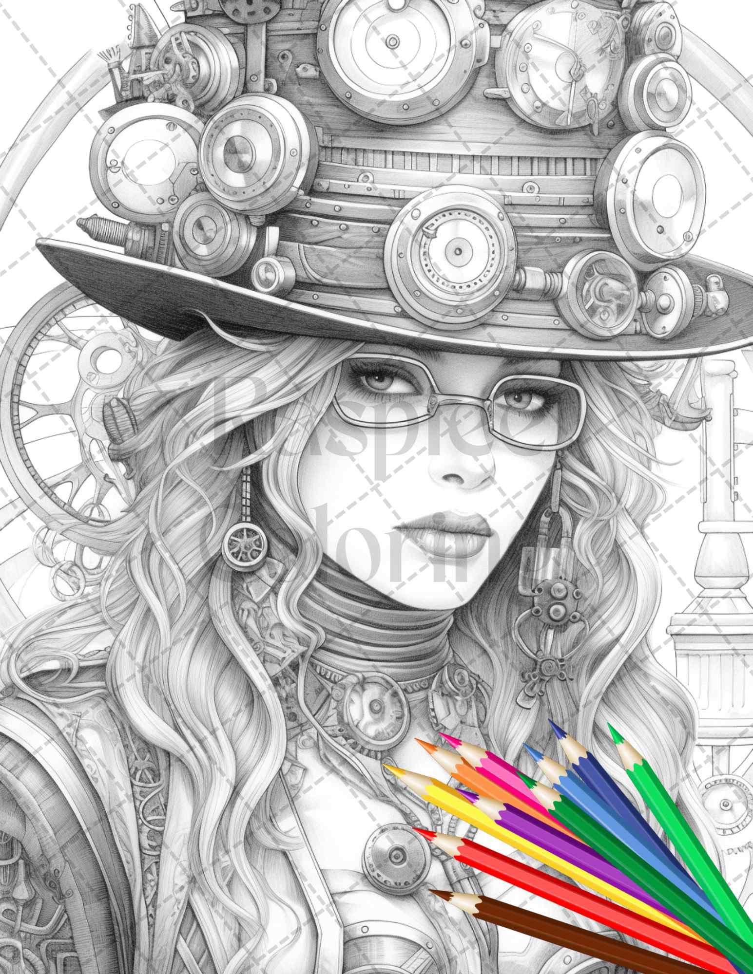 40 Steampunk Ladies Grayscale Coloring Pages Printable for Adults, PDF File Instant Download