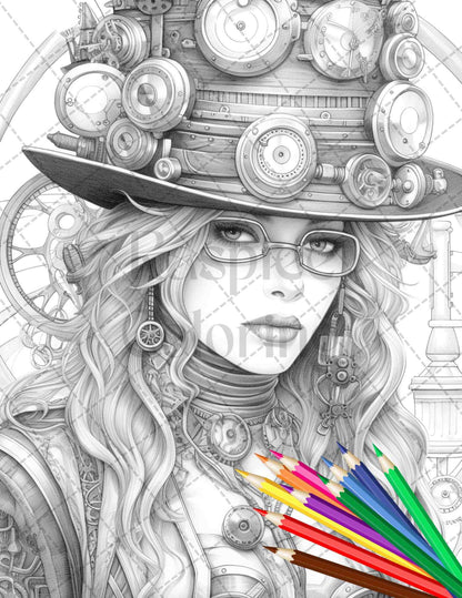 40 Steampunk Ladies Grayscale Coloring Pages Printable for Adults, PDF File Instant Download