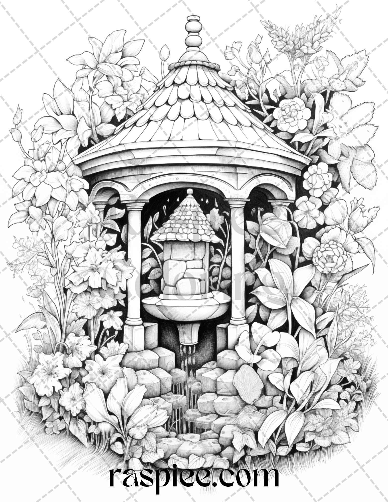 40 Whimsical Wishing Wells Grayscale Coloring Pages Printable for Adults, PDF File Instant Download