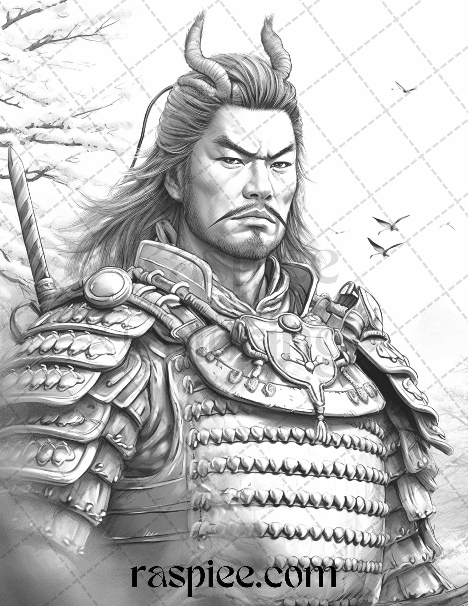 42 Japanese Samurai Grayscale Coloring Pages for Adults, Printable PDF File Instant Download