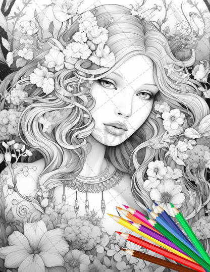 38 Flower Goddess Coloring Pages Printable for Adults, Grayscale Coloring Page, PDF File Instant Download