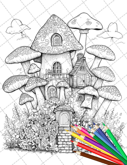 32 Whimsical Mushroom House Coloring Pages for Adults, Grayscale Coloring Book, Printable PDF File Download