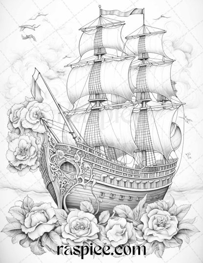 44 Flower Ships Graysale Coloring Pages Printable for Adults, PDF File Instant Download