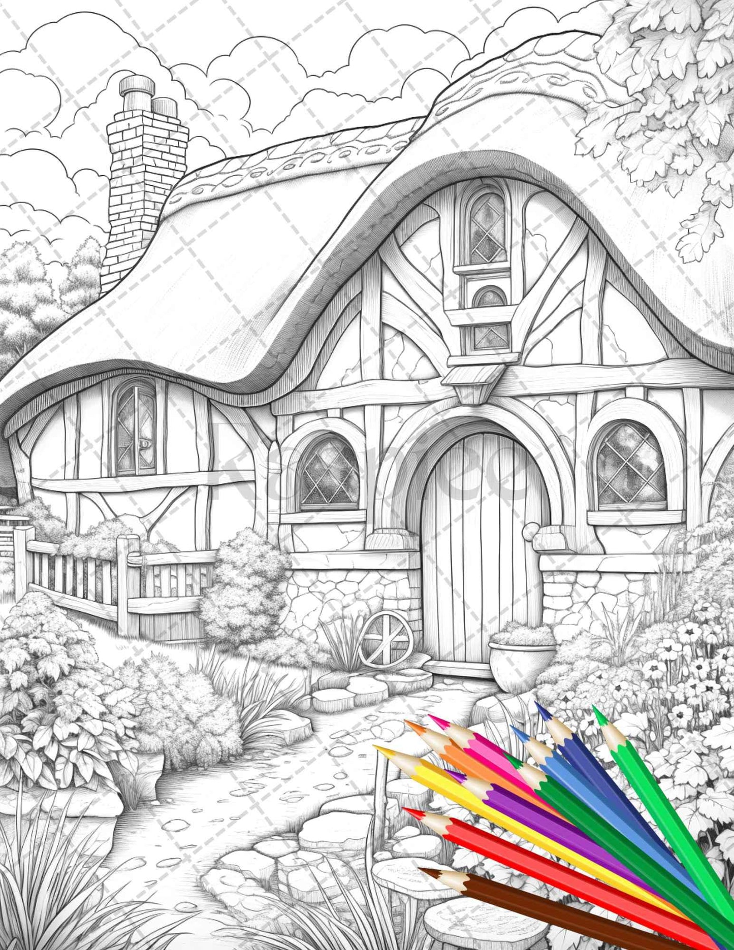 43 Enchanted Hobbiton Houses Grayscale Coloring Pages Printable for Adults, PDF File Instant Download