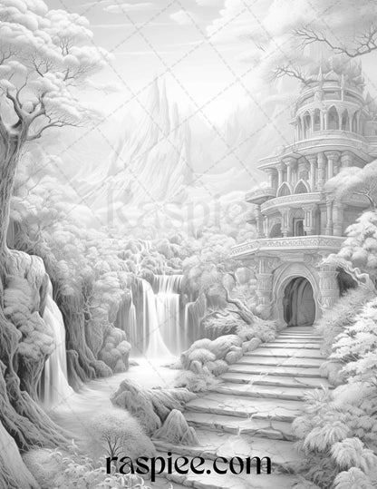 40 Fantasy Landscapes Grayscale Coloring Pages Printable for Adults, PDF File Instant Download