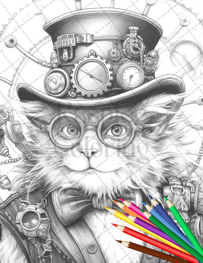 45 Steampunk Animals Grayscale Coloring Pages Printable for Adults Vol. 2, PDF File Instant Download