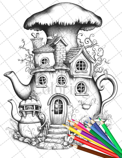 40 Teapot Fairy Houses Grayscale Coloring Pages Printable for Adults, PDF File Instant Download