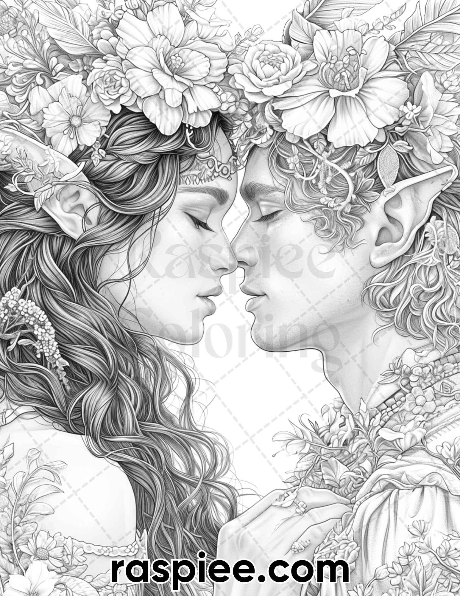 50 Romantic Elf Couple Portraits Adult Coloring Pages, Grayscale Illustration, Printable PDF Instant Download