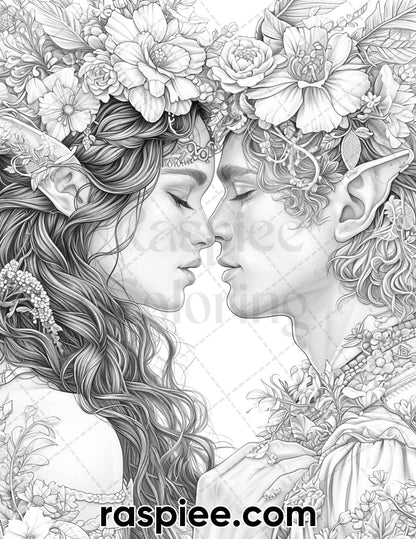 50 Romantic Elf Couple Portraits Adult Coloring Pages, Grayscale Illustration, Printable PDF Instant Download