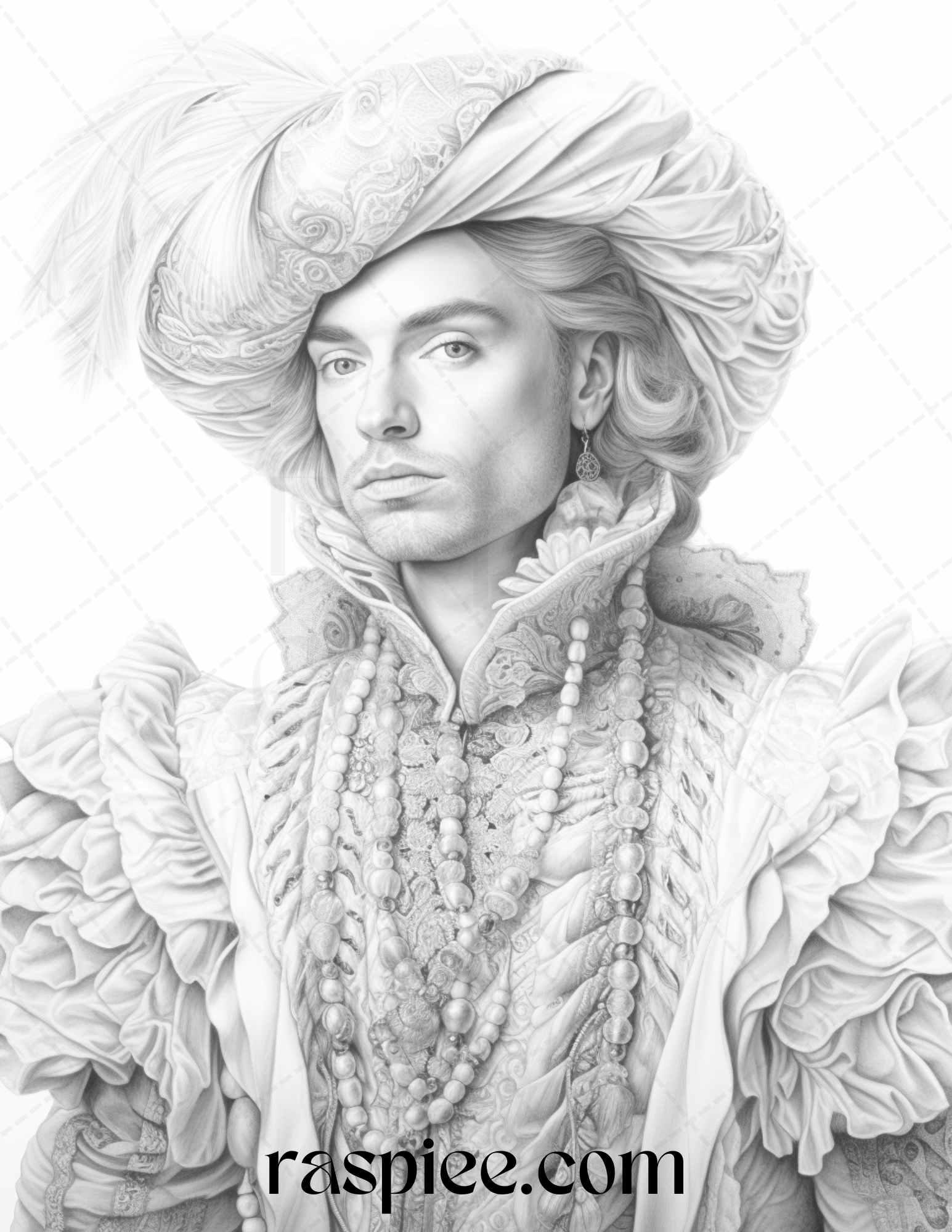 50 Baroque Man Portrait Grayscale Graysale Coloring Pages Printable for Adults, PDF File Instant Download