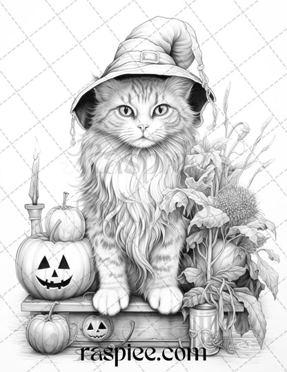 40 Halloween Witch Cat Grayscale Coloring Pages Printable for Adults, PDF File Instant Download