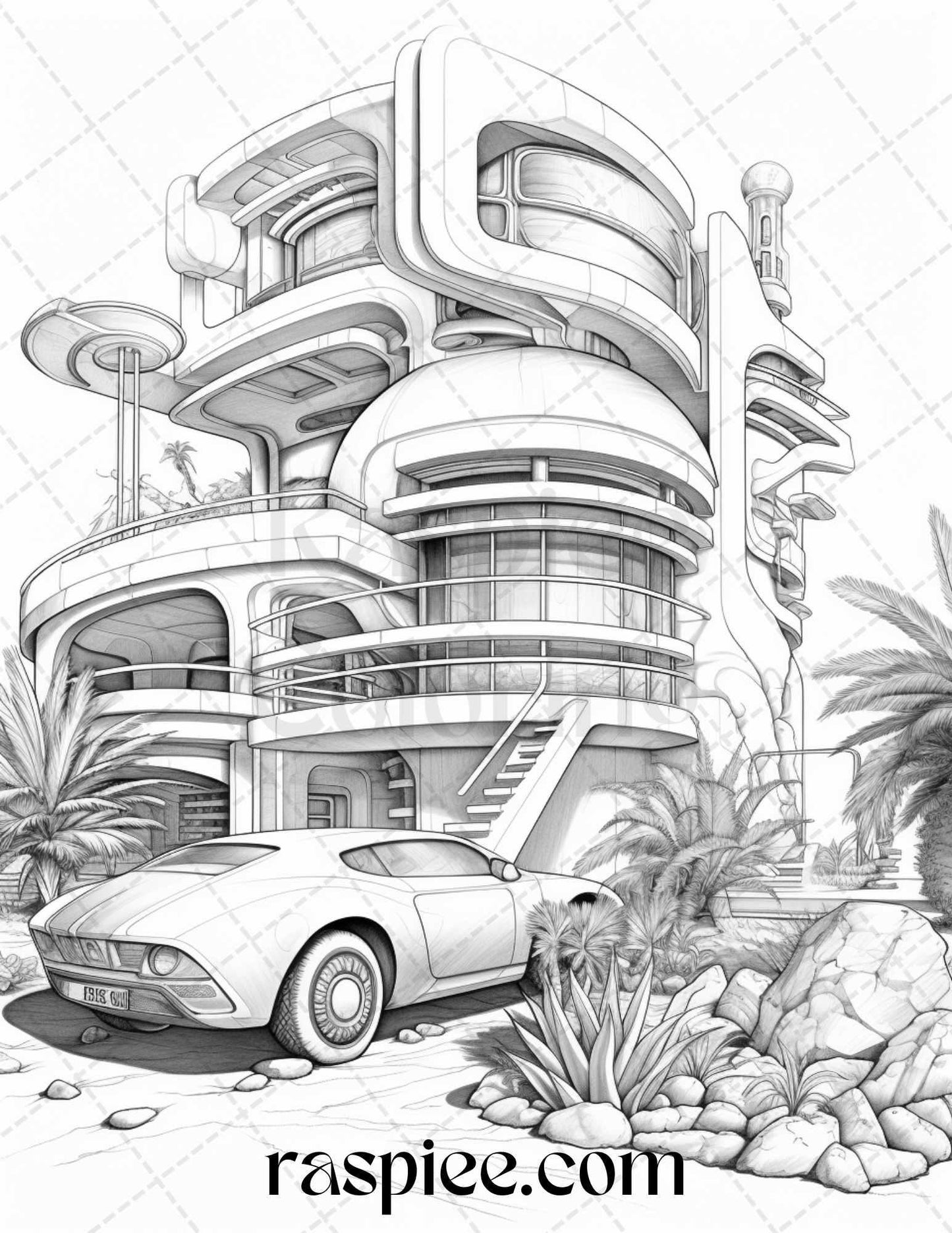 43 Futuristic Houses Grayscale Coloring Pages Printable for Adults, PDF File Instant Download