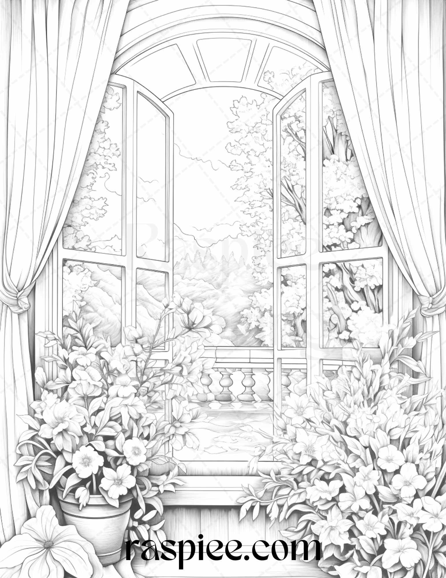 50 Blooming Windows Grayscale Coloring Pages Printable for Adults, PDF File Instant Download