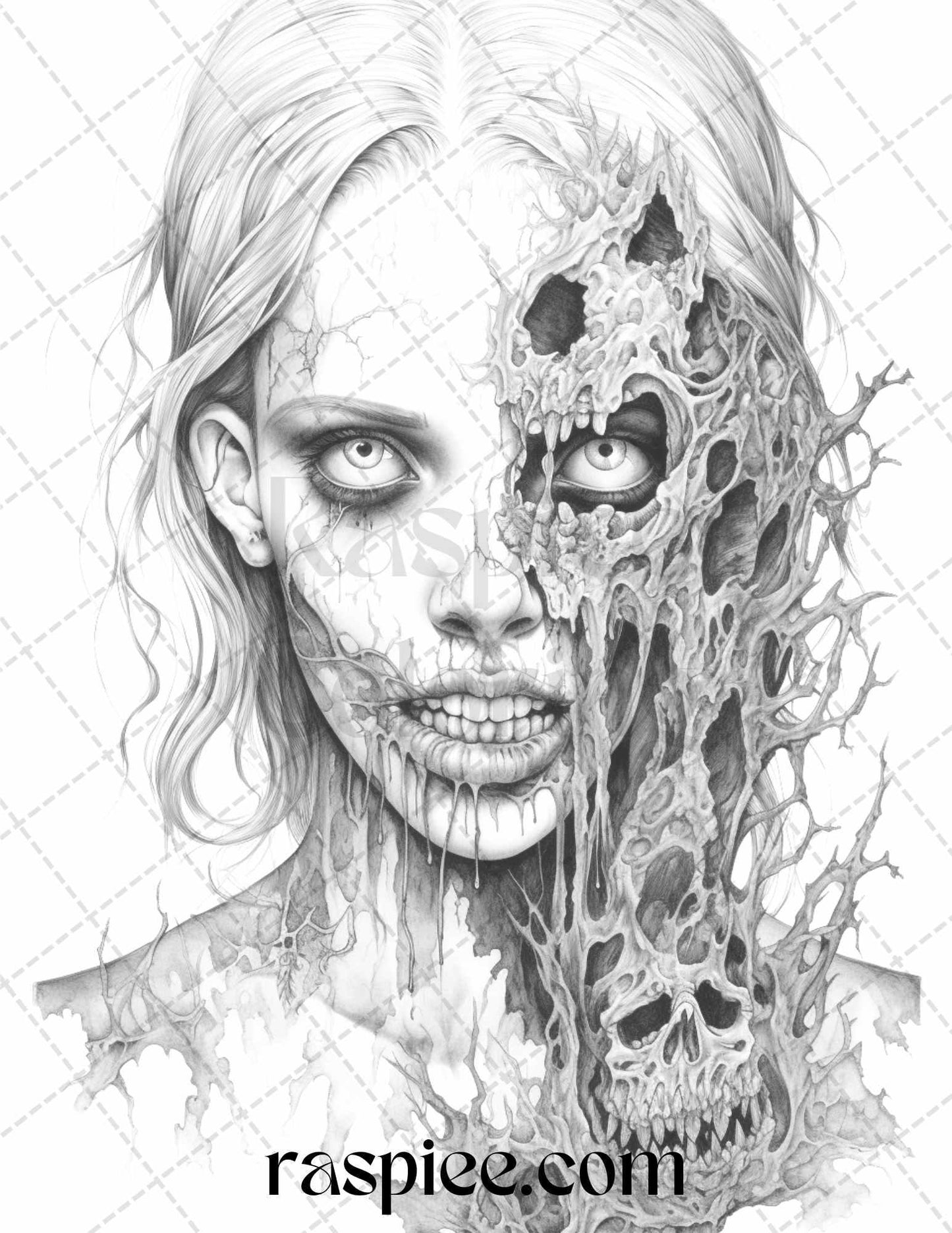 40 Scary Zombie Girls Grayscale Coloring Pages Printable for Adults, PDF File Instant Download