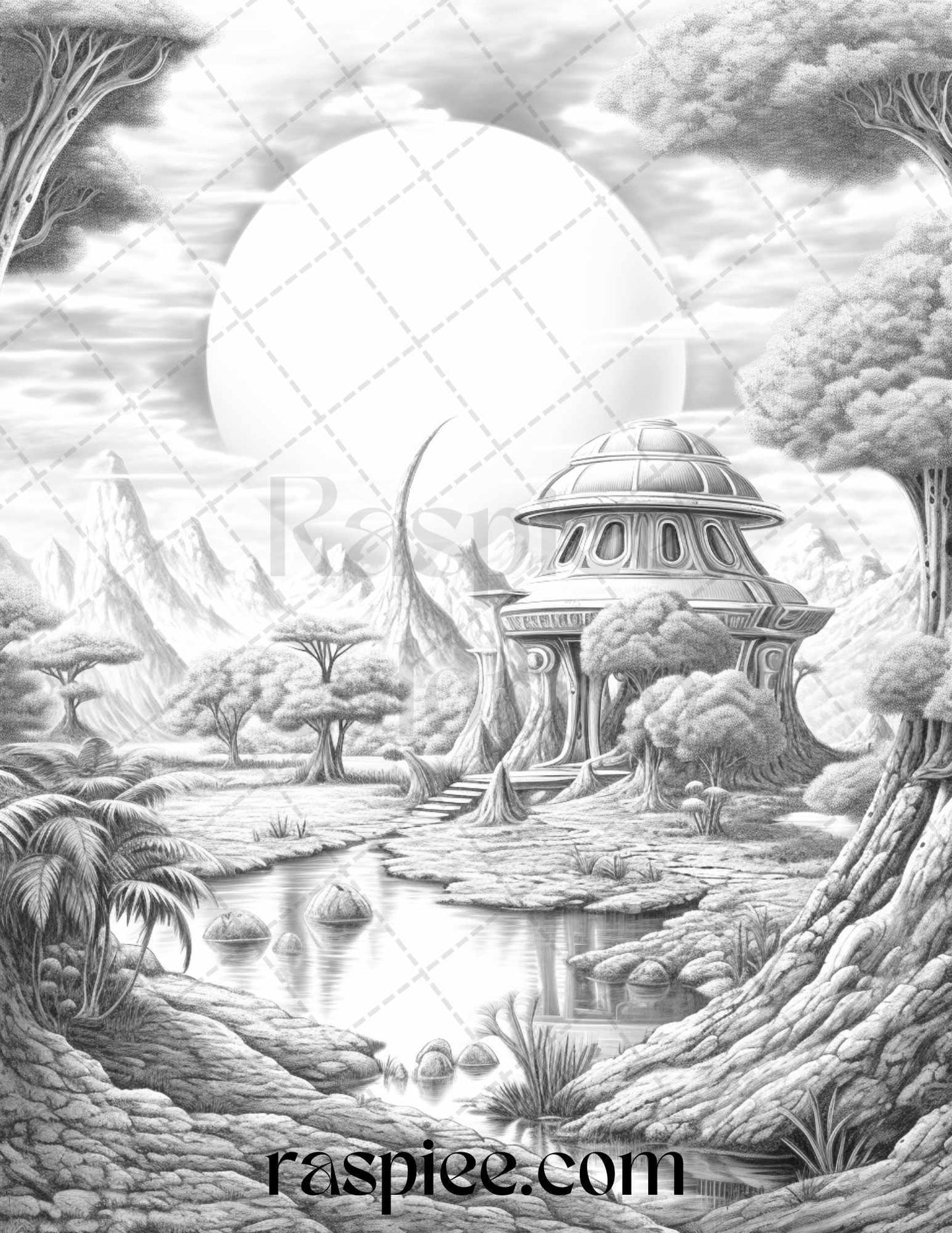 40 Alien Houses Grayscale Coloring Pages for Adults, Printable PDF File Instant Download