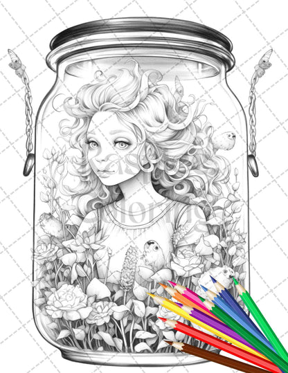 40 Beautiful Fairies in Jar Grayscale Coloring Pages Printable for Adults, PDF File Instant Download