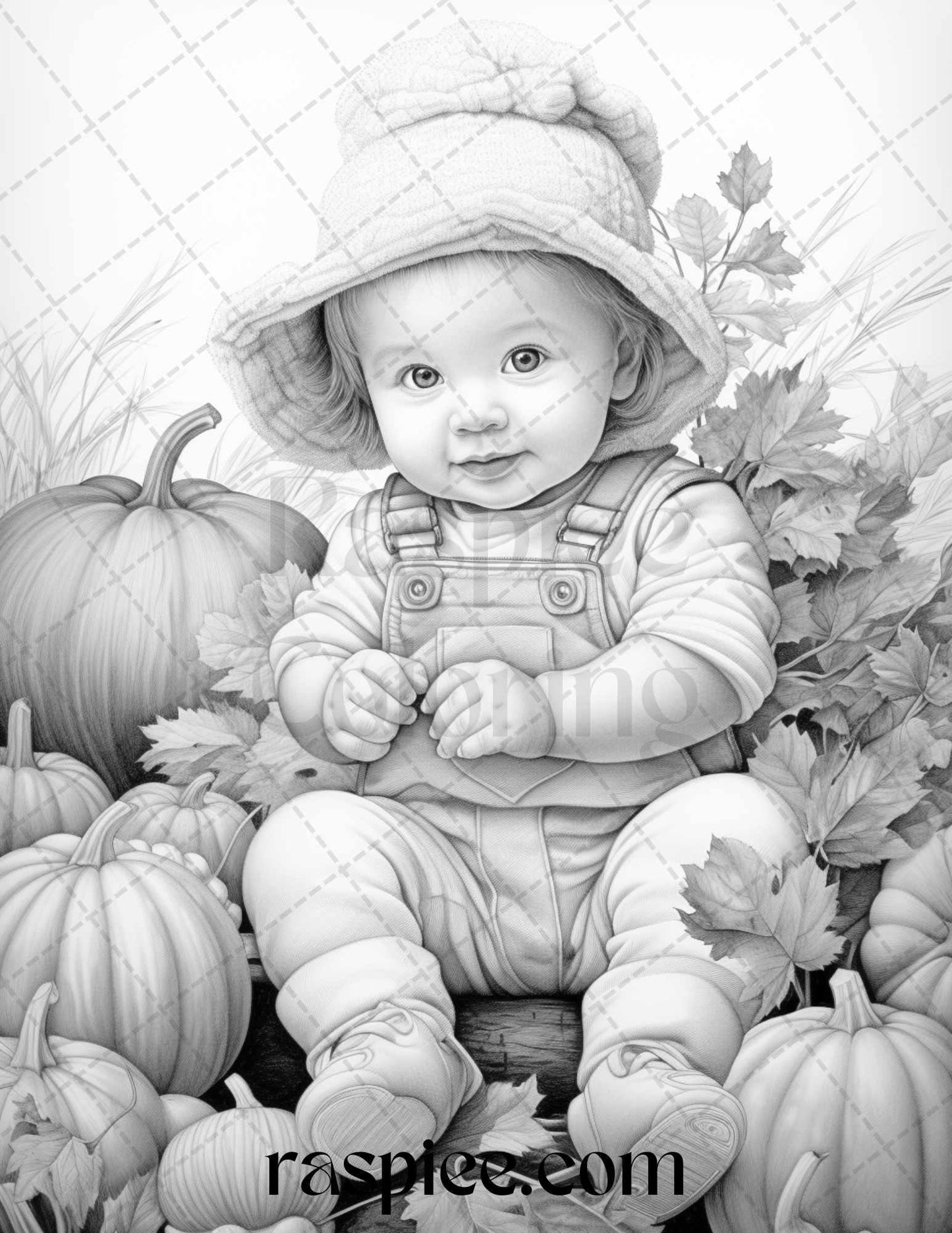 40 Pumpkin Babies Grayscale Coloring Pages for Adults and Kids, Printable PDF File Instant Download