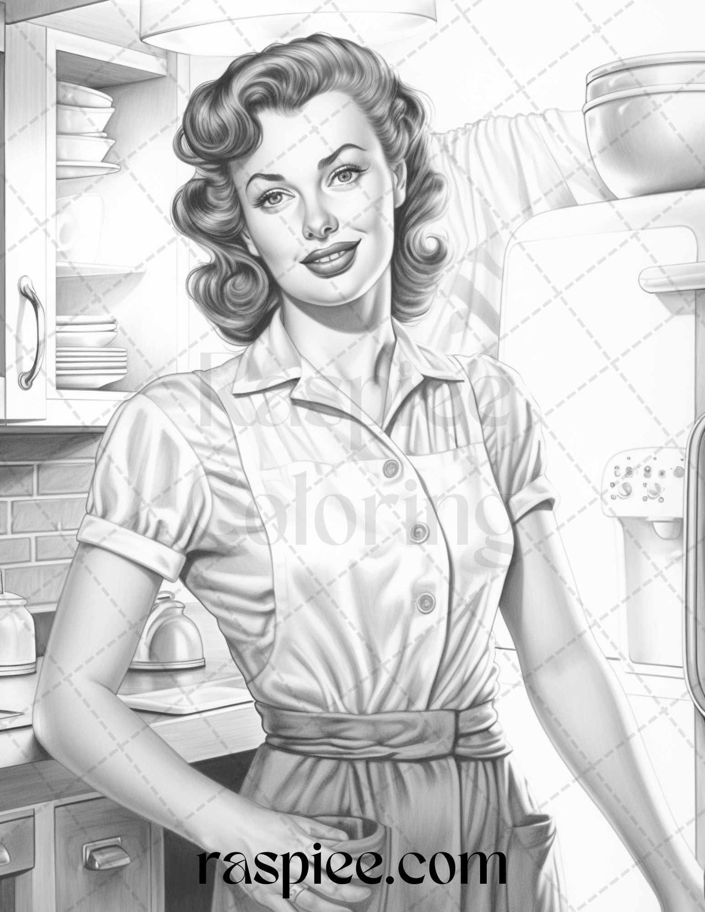 40 Retro Housewives Grayscale Coloring Pages for Adults, Printable PDF File Instant Download