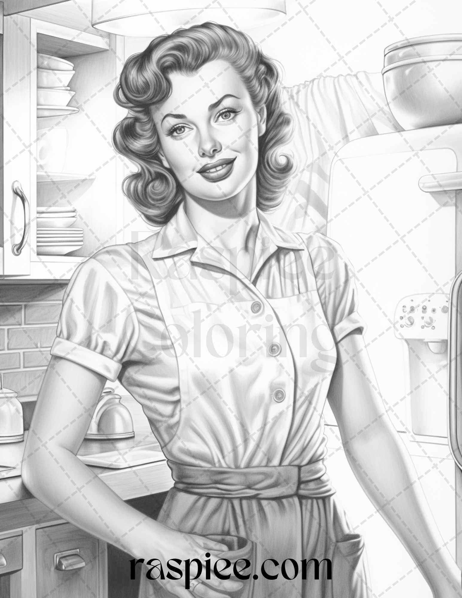 40 Retro Housewives Grayscale Coloring Pages for Adults, Printable PDF File Instant Download