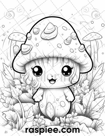 40 Kawaii Mushrooms Grayscale Coloring Pages for Adults, Printable PDF Instant Download